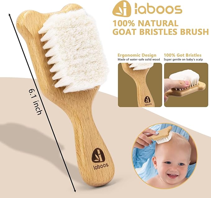 Baby Hair Brush and Comb Set for Newborns & Toddlers - Wooden Handle and Natural Soft Goat Bristles,Gentle Cradle Cap Care,Baby Massage and Scalp Brush,Ideal Baby Registry Gift,Beech with Cute Bear