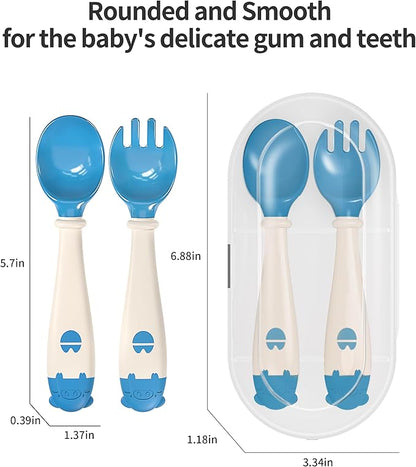 Deejoy Toddler Utensils, Self-feeding Flatware Set withTravel Case, Baby Spoons and Forks with Silicone Bendable Handle, Easy Grip Heat-Resistant, Ideal for Kids, Stage 2 (Blue)