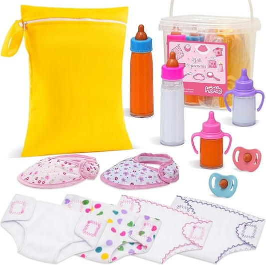 13 Pack Baby Doll Accessories, Baby Disappearing Doll Feeding and Caring Set with Diaper Bag 2 Milk 2 Toy 4 Doll 2 Doll 14-18 Inch