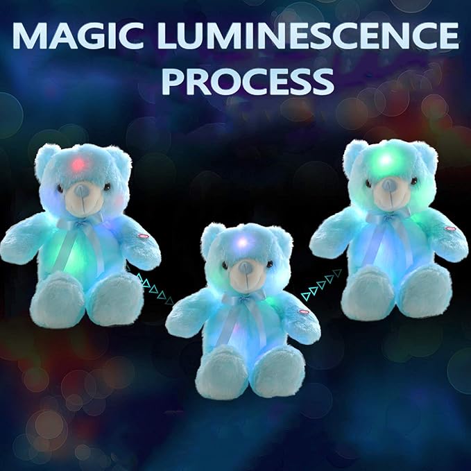 LED Teddy Bears Stuffed Animals, Cute Glow Bear Plush Toys Creative Colorful Luminous Light Up Doll Gifts for Bedroom Valentine,Blue,18 inch