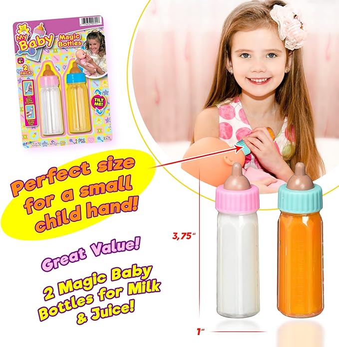 Ja-Ru Magic Baby Doll Bottles Milk Bottle and Juice Bottle, 2 Bottles. 701-1