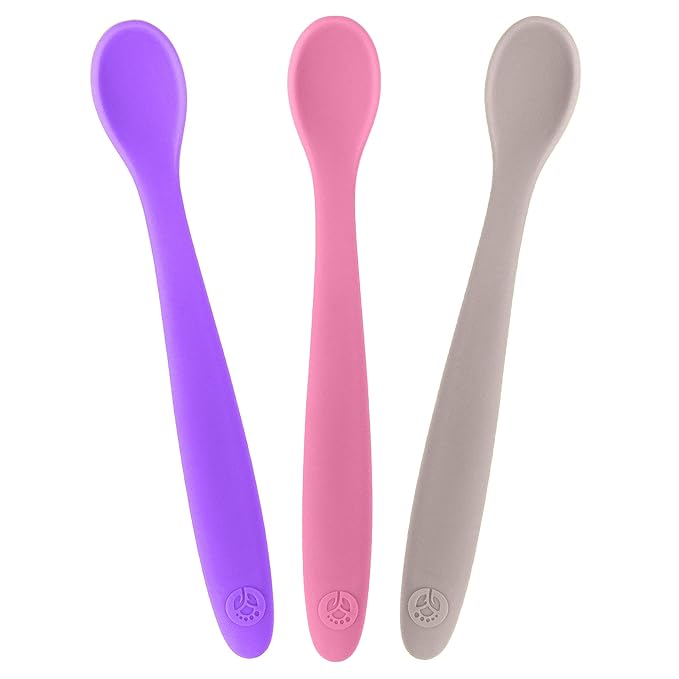 WeeSprout Silicone Baby Spoons - First Stage Infant Feeding Utensils With Soft-Tip, Bendable Kitchenware for Parent & Self-Feeding, Ultra-Durable, Dishwasher Safe, Travel Case, Set of 3