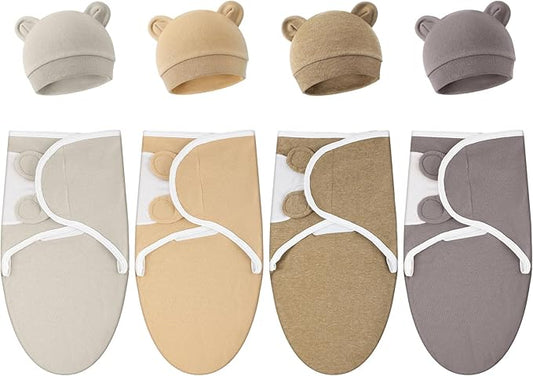 Buryeah 4 Pack Preemie Swaddle Blanket Wrap Set with Hat for Baby Boys Girls 3-7 Lbs Preemie Newborn Clothes Sleepers Cap