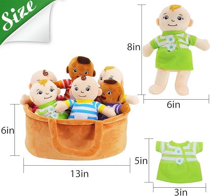 Basket of Babies Plush Dolls, 8" Plush Diversity Baby Dolls- 6 Piece