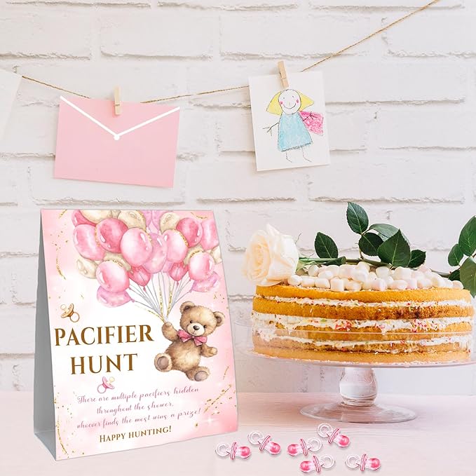 Winnie Pacifier Hunt Sign, Mini Pacifiers Baby Shower Game Set 50Pcs Pink