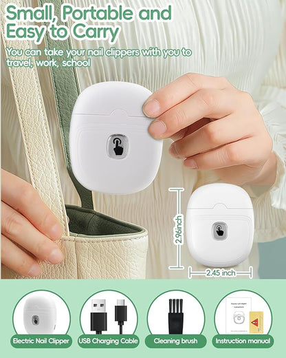 Electric Baby Nail Clipper, Automatic Nail Trimmer with Nail Clip Storage LED Light 2-Speed Rechargeable Safety Fingernail Cutter for Seniors, Adults, Children/Kids, Elders, Women/Men-White