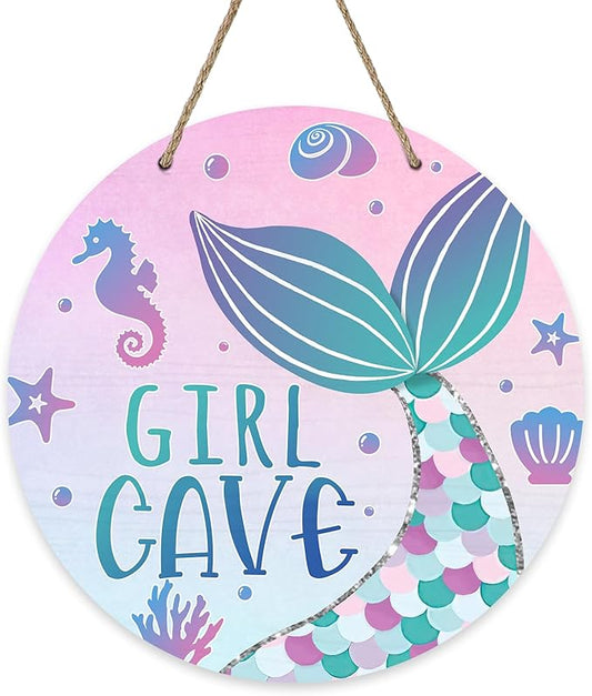 Girl Gave Ocean Mermaid Front Door Sign, Pink Coastal Wood Door Hanger Outdoor Outside Porch Nursery Decor