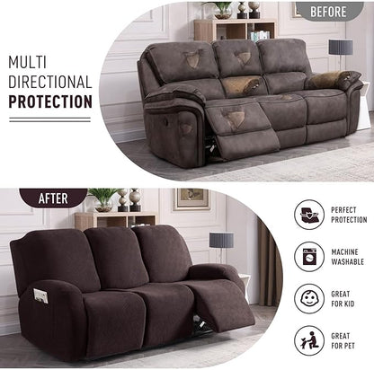 KinCam Recliner Covers, Stretch Reclining Chair Covers, Recliner Sofa Slipcovers Stripe Jacquard Recliner Couch Covers Furniture Protector Covers for Pet Kid (3 Seater, Chocolate)