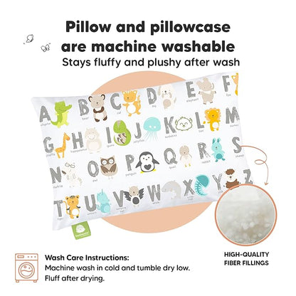 Toddler Pillow with Pillowcase - 13x18 My Little Dreamy Pillow, Organic Cotton Toddler Pillows for Sleeping, Kids Pillow, Travel Pillows, Mini Pillow, Nursery Pillow, Toddler Bed Pillow (KeaABC)