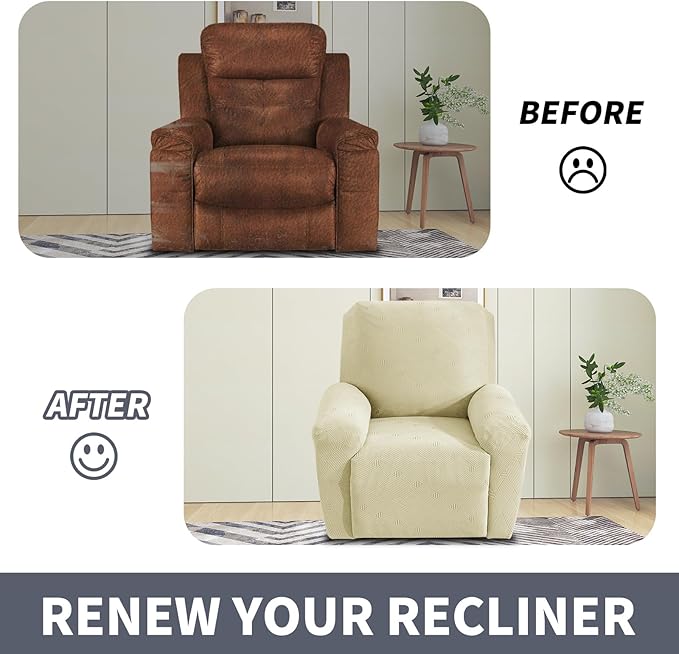 JIVINER Oversized Recliner Chair Covers, 3 Piece Slipcovers for Large Recliner Chair Soft Jacquard Reclining Chair Protector Slipcovers for Dogs,Cats (X-Large, Beige)