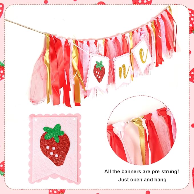 Strawberry One Birthday High Chair Banner, Cute Strawberry First Birthday