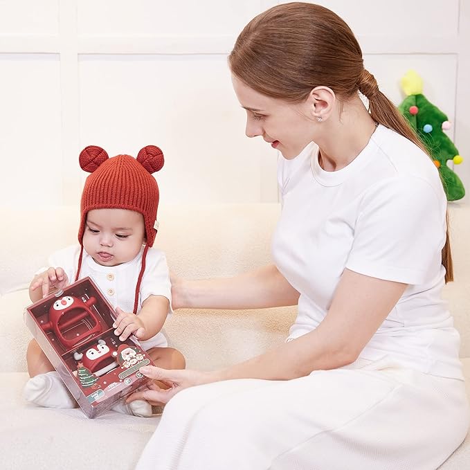 Baby Christmas Stocking Stuffers-Smily Mia Penguin Buddy and Reindeer 2 in 1 Christmas Gift/Toy Set for 0-12 Months Teething Babies, Teeting Mittens For Babies