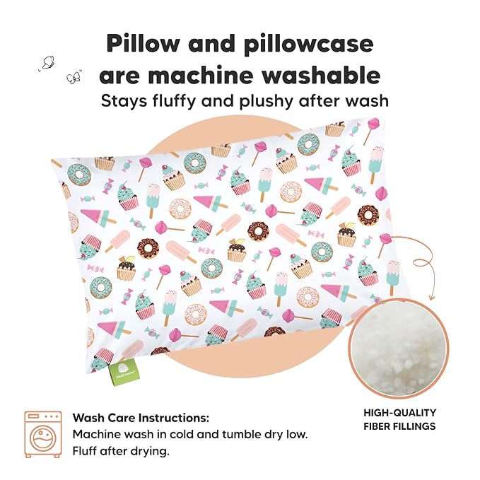 Toddler Pillow with Pillowcase - 13x18 My Little Dreamy Pillow, Organic Cotton Toddler Pillows for Sleeping, Kids Pillow, Travel Pillows, Mini Pillow, Nursery Pillow, Toddler Bed Pillow (Sweet Tooth)