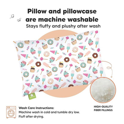 Toddler Pillow with Pillowcase - 13x18 My Little Dreamy Pillow, Organic Cotton Toddler Pillows for Sleeping, Kids Pillow, Travel Pillows, Mini Pillow, Nursery Pillow, Toddler Bed Pillow (Sweet Tooth)