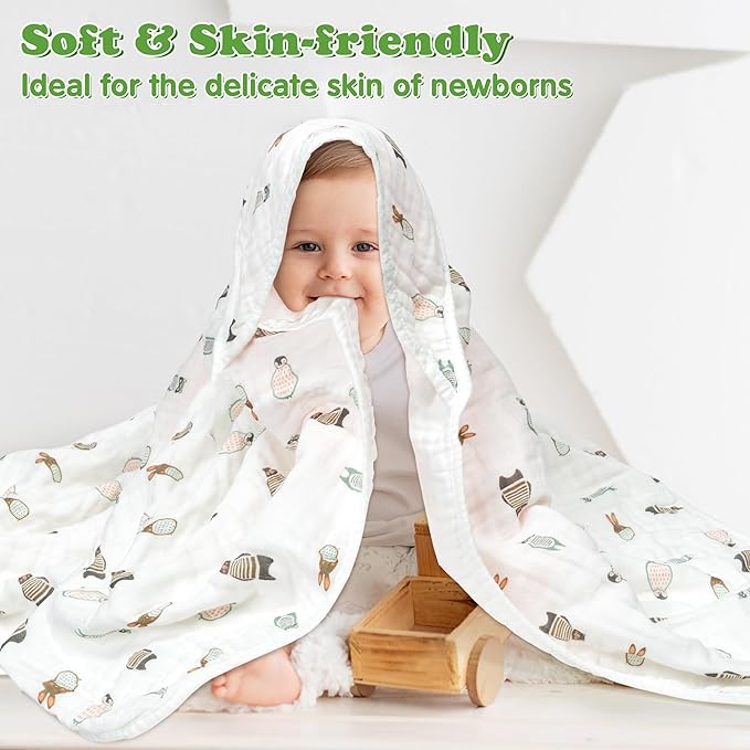 Zainpe 4Pcs Muslin Baby Hooded Towel & Washcloth Set Penguin 31.5 x 31.5 in