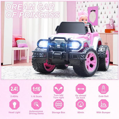 Carox Remote Control Car for Girls, Pink RC Car with Doll and Sticker for Ages 6-10 Years Old Girls 80 mins 1:16 Scale 2.4Ghz, Birthday Grils,OX11S (Pink)