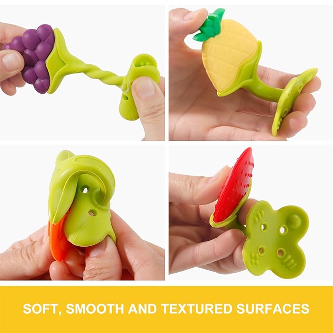 NASHRIO Baby Teething Toys Pack of 5 - Silicone BPA Free Natural Organic Freezer Safe Teethers for Newborn Infant, Soft & Textured