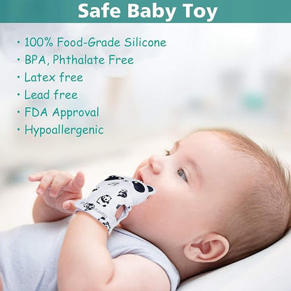 Baby Teething Mitten Panda Teether Mitten with Baby Toothbrush & Toy(2 Mittens