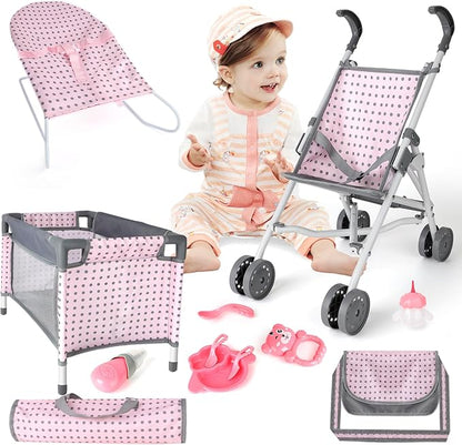 deAO Baby Doll Stroller Crib Bed Nursery Role Play Set Baby Doll with Accessories and Play Mat,Travel Cot