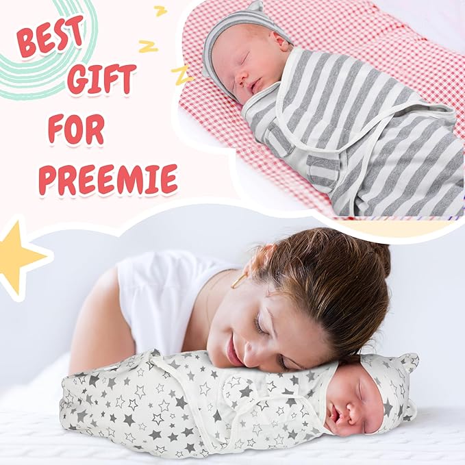 Buryeah 4 Pack Preemie Swaddle Blanket Wrap Set with Hat for Baby Boys Girls 3-7 Lbs Preemie Newborn Clothes Sleepers Cap
