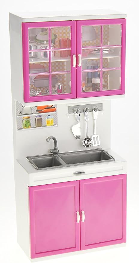 PowerTRC Doll Kitchen Play Set, Mini Modern Toy Kitchen Pretend Play Furnitures Toy Set Accessories Set with Realistic Light & Sound for Kids Toddlers Girls (4-in-1)