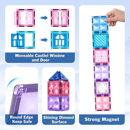 Magnetic Tiles Frozen Toys, Ice World Dimond Princess Castle 60Pcs Magnet Tile Building Blocks for Toddler Age 1-3,3-5, Pretend STEM Learning, for Kid Girls Boys 3 4 5 6