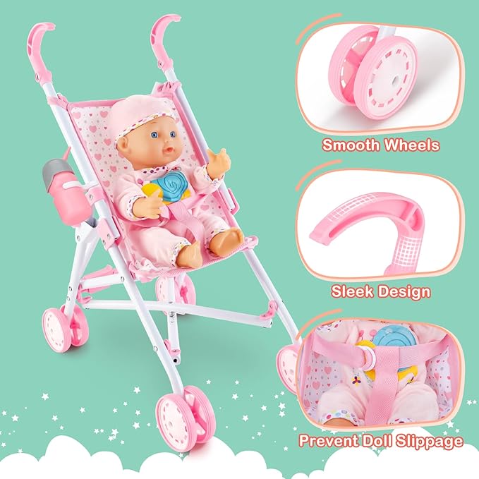 deAO Baby Doll Stroller Set with 13 inch Doll,Kids Play Stroller Toys 13" Baby Stroller,18 PCS 2 Sets