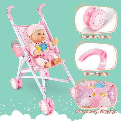 deAO Baby Doll Stroller Set with 13 inch Doll,Kids Play Stroller Toys 13" Baby Stroller,18 PCS 2 Sets