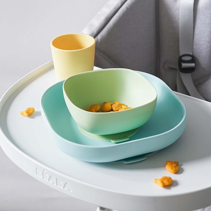 BEABA Silicone 4 Piece Baby Feeding Set, Suction Plates for Baby, Includes Plate, Bowl, Cup, 2nd Stage Silicone Spoon, High Grade Food Safe Silicone, Pastels