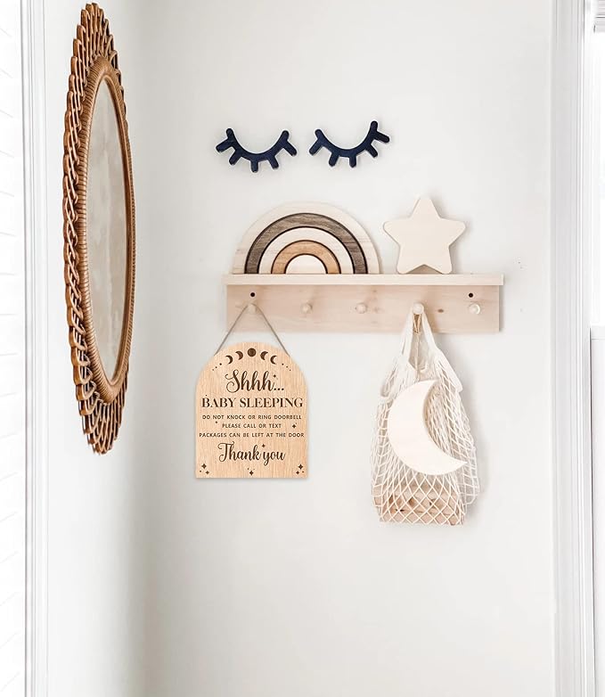 OLMIXA Baby Sleeping Wooden Hanging Sign for Front Door (9.8x12inch), Do Not Knock or Ring Door Knob Hanger Sign