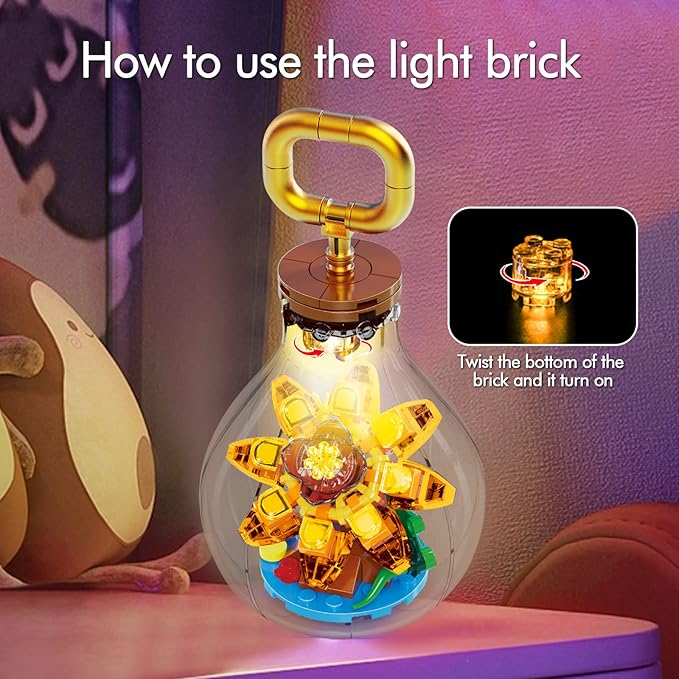 ZYLEGEN Succulents Flowers Light Bulb Building Block Set with 2 LED Lights,Succulents Flowers Building Sets for Adults 7+ Year
