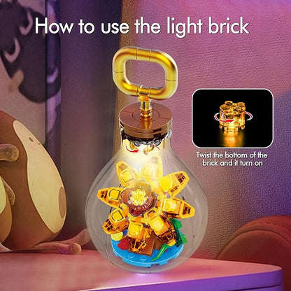 ZYLEGEN Succulents Flowers Light Bulb Building Block Set with 2 LED Lights,Succulents Flowers Building Sets for Adults 7+ Year