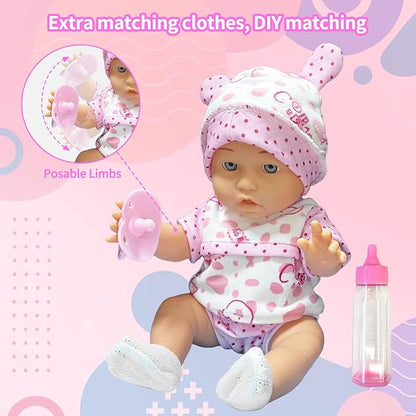 LETOUR 12'' Baby Doll in Gift Box with Pink Cloths，and Pink Bear Cloths, Pacifier 13''x13'' Microfabric 3+