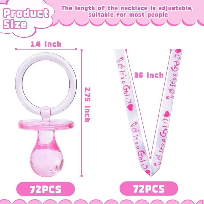 72 Baby Shower Pacifiers Necklace, Acrylic Pacifier Necklace