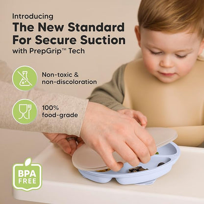 KeaBabies Suction Plates with Lids for Baby - 3-Pack 100% Silicone Suction Plates for Baby, Kids,Toddler Plates,Divided Baby Plates with Suction,Lids, BPA-Free, Microwave, Dishwasher Safe (Rain)
