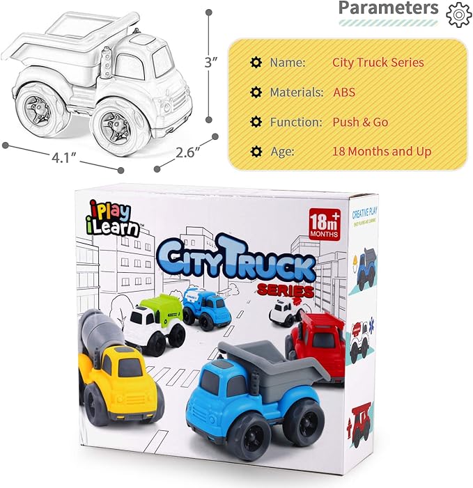 iPlay, iLearn 6PCS Friction Cars Toy for Toddlers 1-3 2-4, Mini 12 18 24 Month