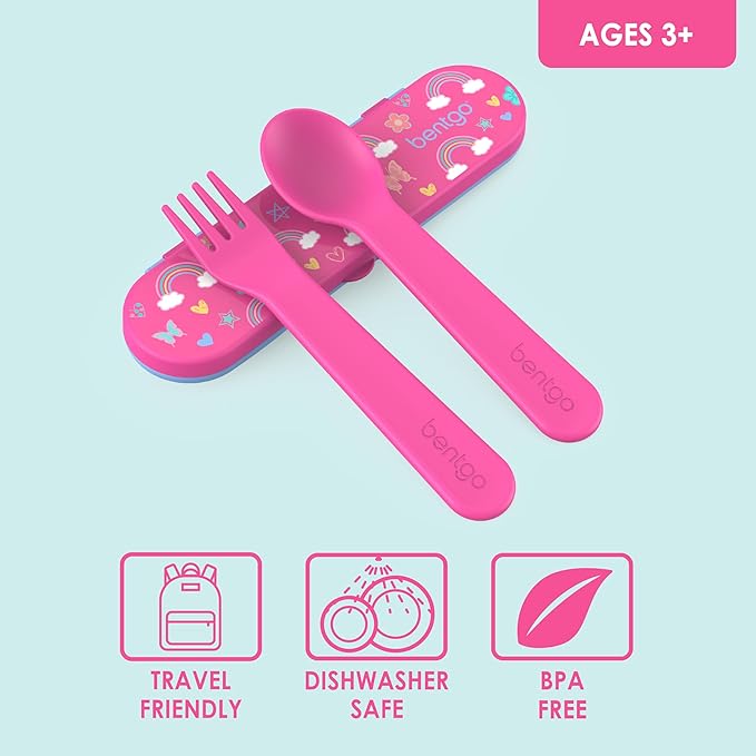 Bentgo Kids Utensil Set - Reusable Plastic Fork, Spoon & Storage Case BPA-Free Materials, Easy-Grip Handles, Dishwasher Safe Ideal for School Lunch, Travel, Outdoors (Rainbows and Butterflies)
