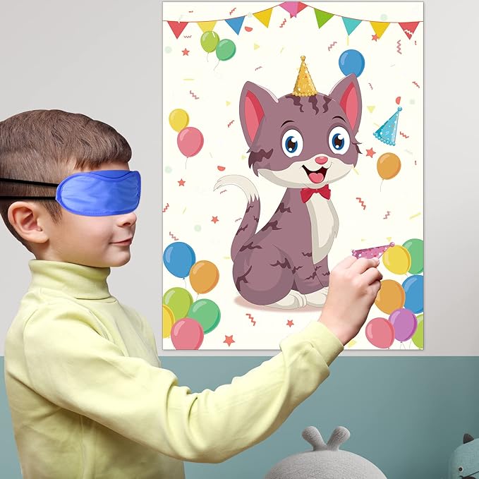 Morcheiong Pin The Tail on The Cat Birthday Party Game 48 Hats,