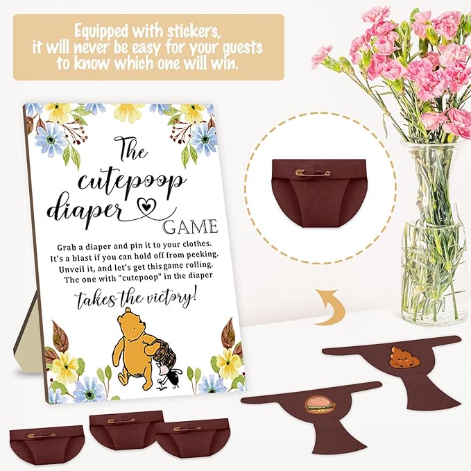 Azbuk Winnie Baby Shower Games Set - Wooden Baby Shower Sign with 50 Pcs Mini Felt Diapers Brown, Winnie The Cutepoop Diaper Baby Shower Game