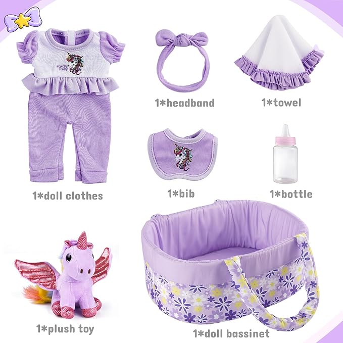 JIZHI 7 Pcs Reborn Baby Doll Clothes with Baby Doll Accessories Set for 8-9-10 Inch Dolls, Floral Pattern Baby Doll Bassinet and Unicorn Toy for Realistic Baby Doll Girls
