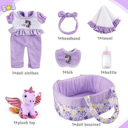 JIZHI 7 Pcs Reborn Baby Doll Clothes with Baby Doll Accessories Set for 8-9-10 Inch Dolls, Floral Pattern Baby Doll Bassinet and Unicorn Toy for Realistic Baby Doll Girls