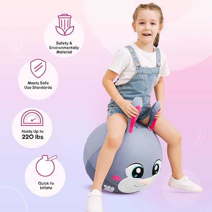 Hopper Ball - Inflatable Bunny Jumping Ball- Rabbit Plush Hippity Hop Toys for Kids, 18 Inch Bouncy Ball with Handle for Boys Girls Aged 3-8