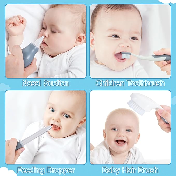 Little Angel Baby Healthcare and Grooming Kit, Safety Newborn Nursery Care Set, with Hair Brush Comb, Nail Clipper, Nasal Aspirator for Newborn Infant Baby Girls Boys (Gray)