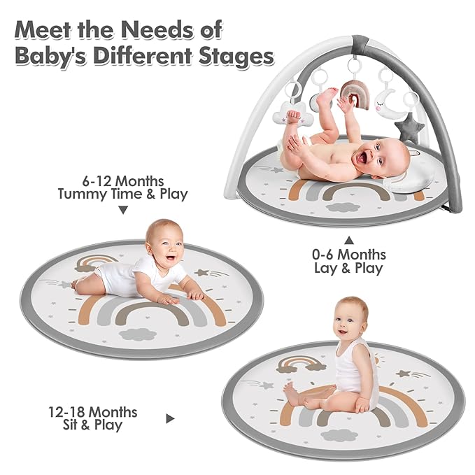 dearlomum Baby Play Gym Mat, Tummy Time Mat with 6 Detachable Toys for Stage-Based Sensory & Motor Skill All Development