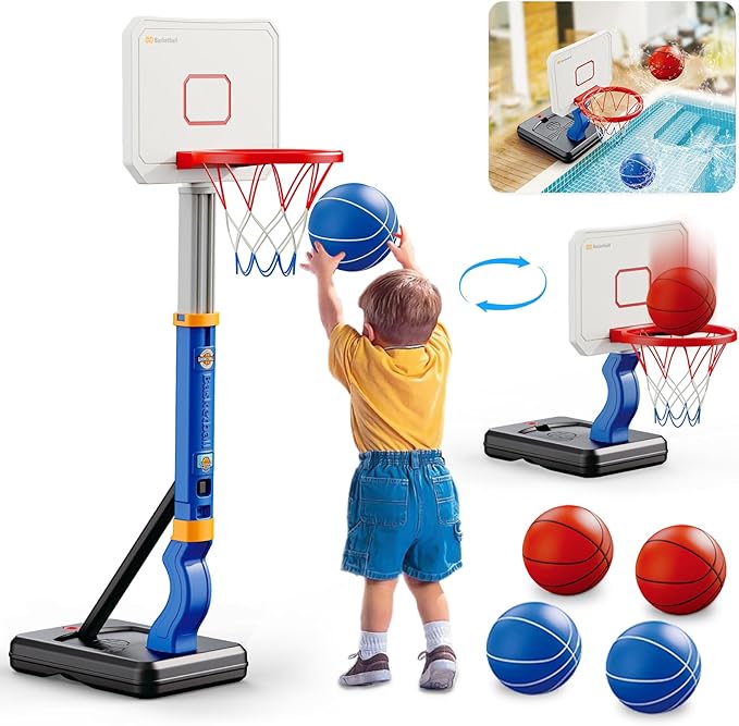 Dollox Toddler Basketball Hoop Set, Indoor Mini Basketball Hoop Poolside Basketball Stand Height Adjustable Outdoor Basketball Toys with 4 Balls 3 4 5 6