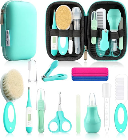 Baby Healthcare and Grooming Kit, Baby Safety Set Newborn Nursery Health Care Set with Hair Brush Scale Measuring Spoon Nail Clippers (17pcs, Green)