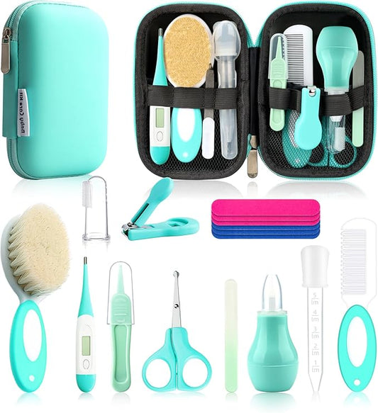 Baby Healthcare and Grooming Kit, Baby Safety Set Newborn Nursery Health Care Set with Hair Brush Scale Measuring Spoon Nail Clippers (17pcs, Green)