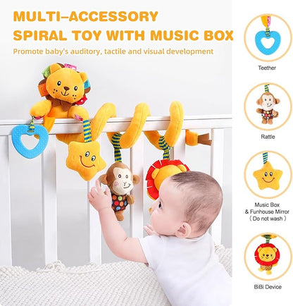 Jollybaby Baby Car Seat Stroller Toys, Plush Activity Hanging Spiral Activity Pram Crib with Music Box, Rattles, Squeaker for Babies Infant Boys Girls(Little Lion)