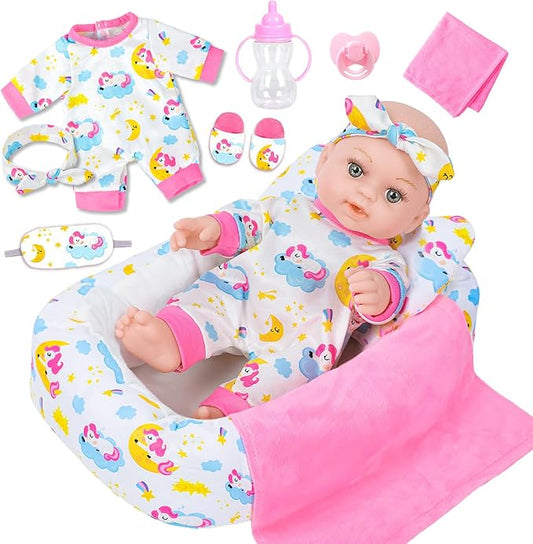 12 Inch Baby Doll With Soft Crib Bassinet Bed,Sleep Time 3+ Kids