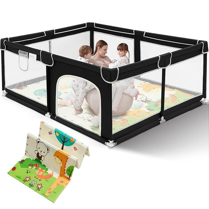Suposeu Large Baby Playpen with Mat, Portable Baby Fence Area with Gate, Toddlers and Pets Play Yard with Non-Slip Mat, Safety Fence for Indoor and Outdoor Use(71x59 Inches, Black)